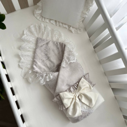 Paturica bebe din bumbac satinat si fundita inclusa, Delux gri